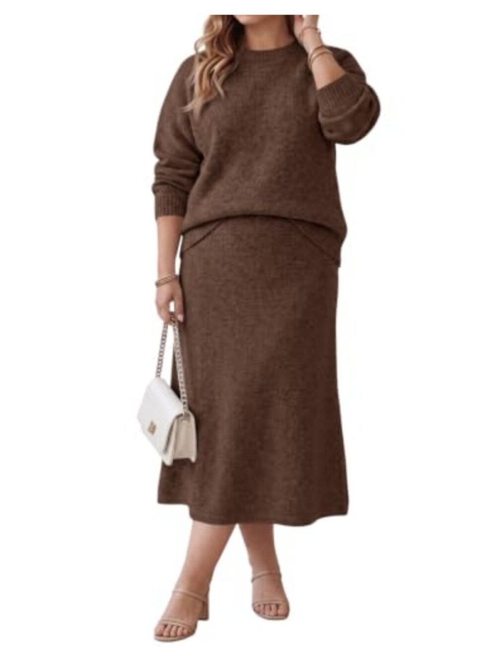 Plus Size 2 Piece Sweater Skirt Set Knit Pullover Midi A-Line